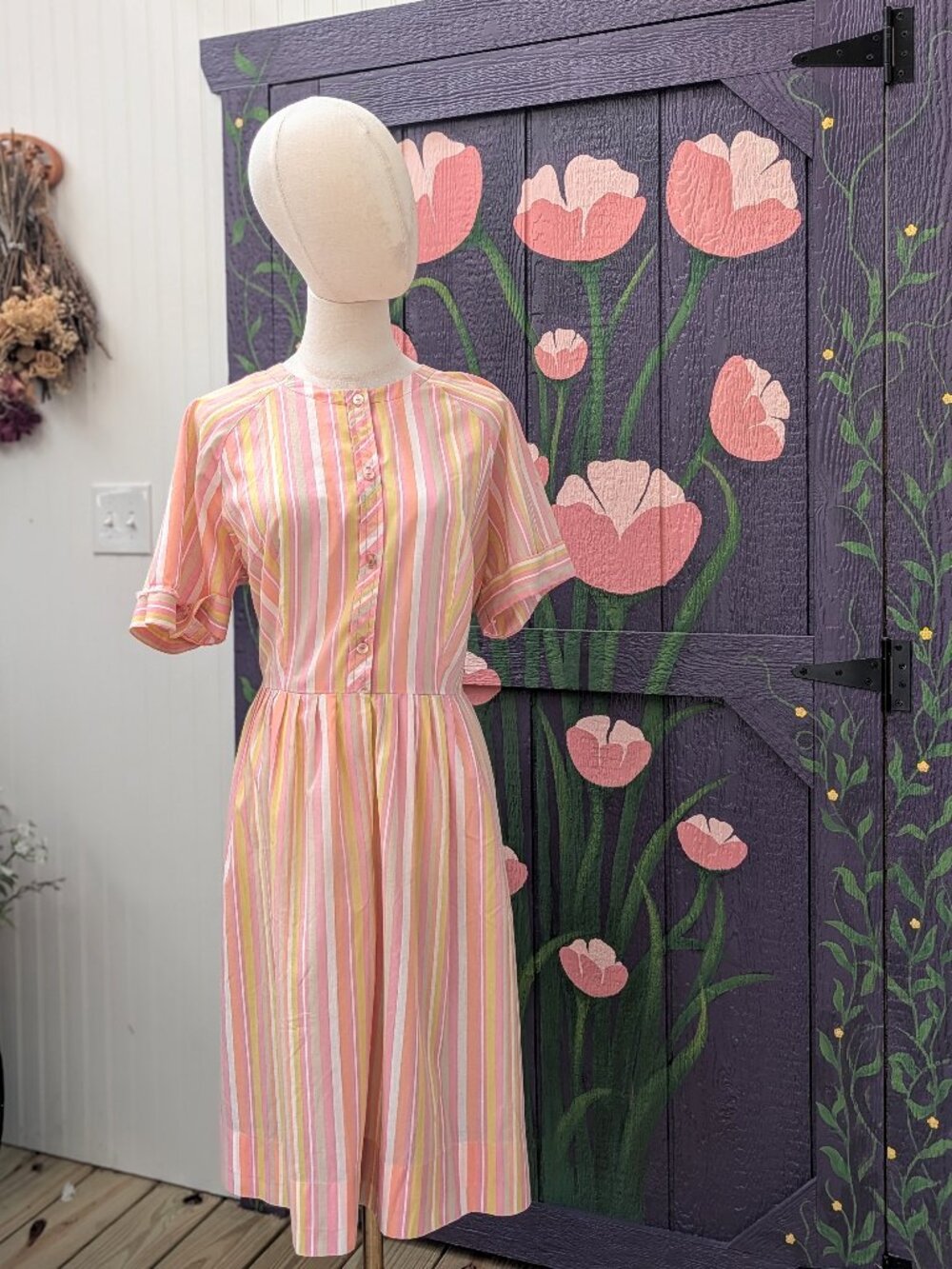 Vintage 1950's Sherbert Pink,Yellow & Orange Striped Shirtwaist Dress Handmade